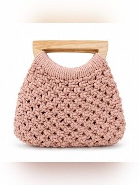 Handmade Blush Pink Macramé Crochet Handbag Wood Handle Boho Purse